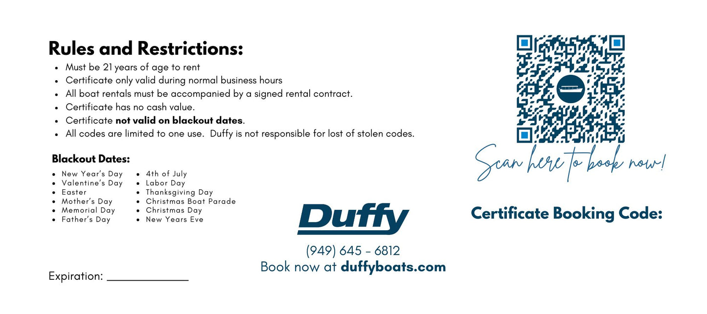 Duffy Boat Rental Gift Certificates SPECIAL