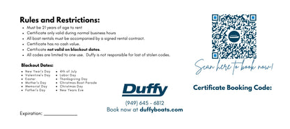 Duffy Boat Rental Gift Certificates SPECIAL